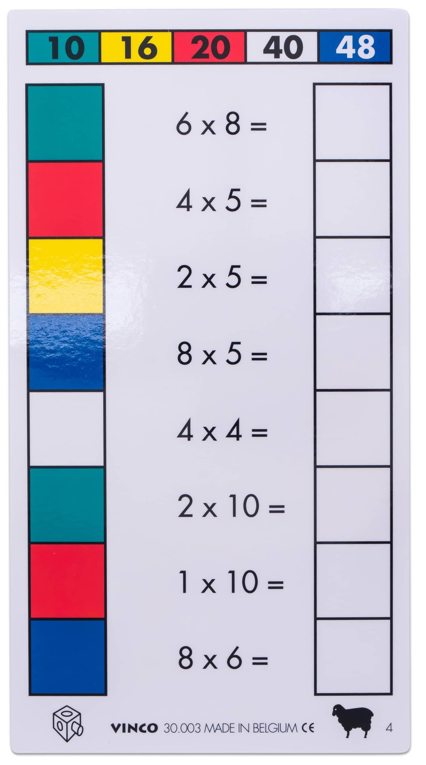 Cube Control-set met rekenopdrachten en kleuren: 6x8, 4x5, 2x5, 8x5, 4x4, 2x10, 1x10, 8x6.
