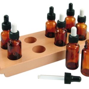 Proefflesjes in houten standaard, 8 stuks met pipet, gevuld met verschillende vloeistoffen en geuren.