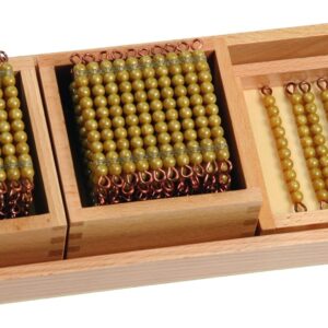 Negenspel met houten kistje, drie vakken met gele kralen en koperen draden voor het leren van vermenigvuldigen.