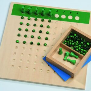 Divisie- en vermenigvuldigingsbord met groene fiches en houten doosje, ideaal voor visueel leren van rekenkundige relaties.