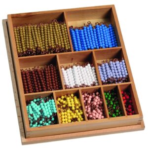 Rekenstaafjes XL set in houten doos, met kleurrijke kralen in vakken voor visuele rekenlessen en vermenigvuldiging.
