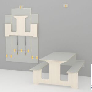 Opvouwbare wandklaptafel met geïntegreerde banken, ideaal voor multifunctionele ruimtes in scholen.