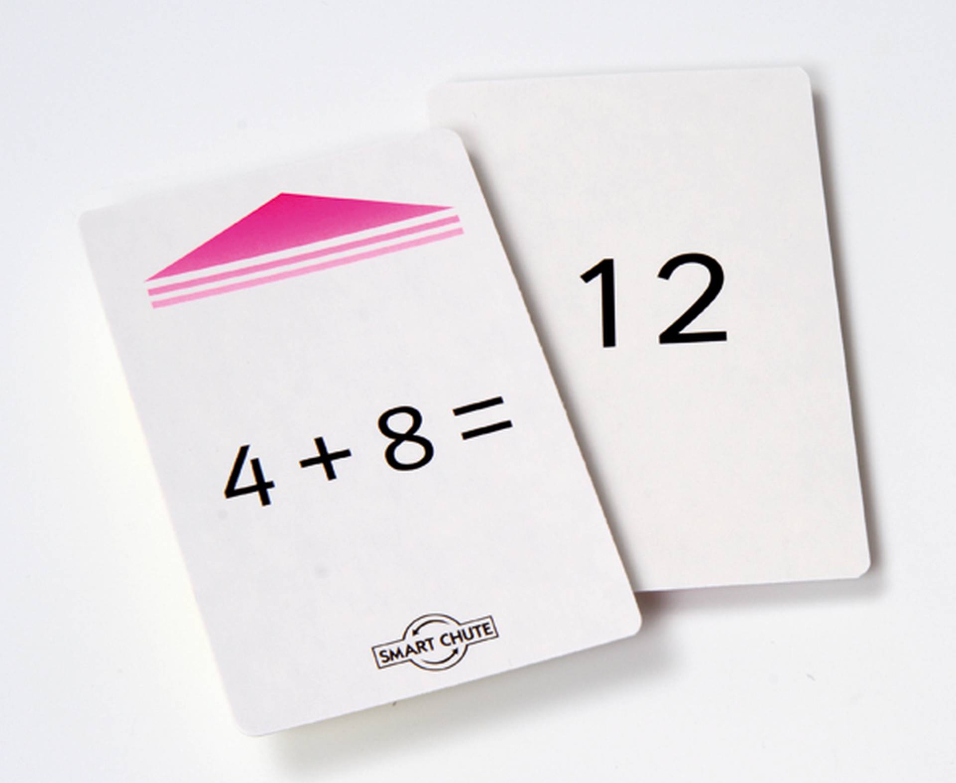 Kaartjes voor optellen met kleurrijke hoed, met som 4+8= en antwoord 12, ideaal voor basisschoolleerlingen.