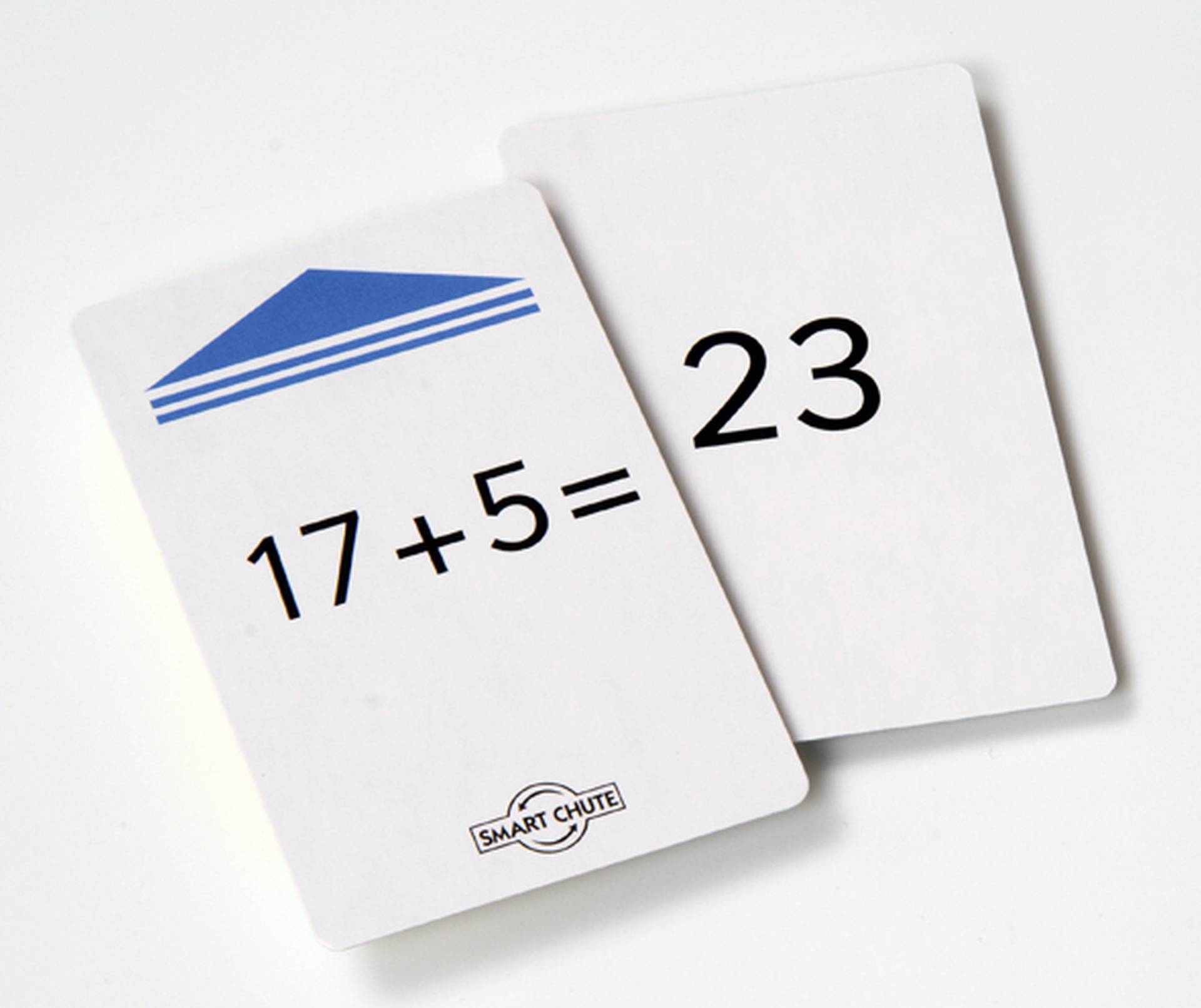 Kaartjes voor optellen van 10+ tot 19+, met sommen zoals 17+5=23, geschikt voor rekenoefeningen.