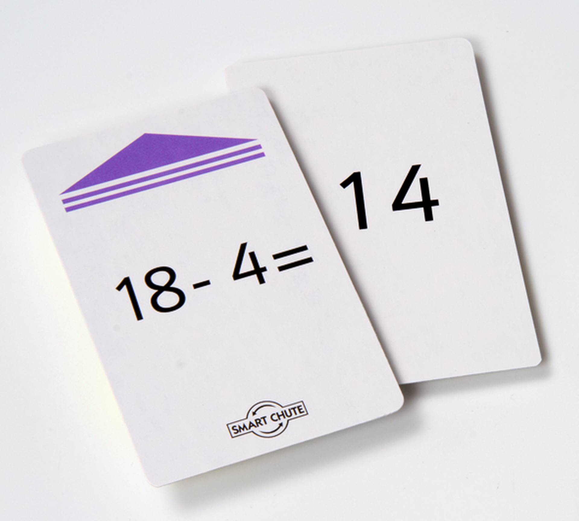 Kaartjes met aftreksommen van 0 tot 20, zoals 18-4=14, voor speelse rekensoefeningen.