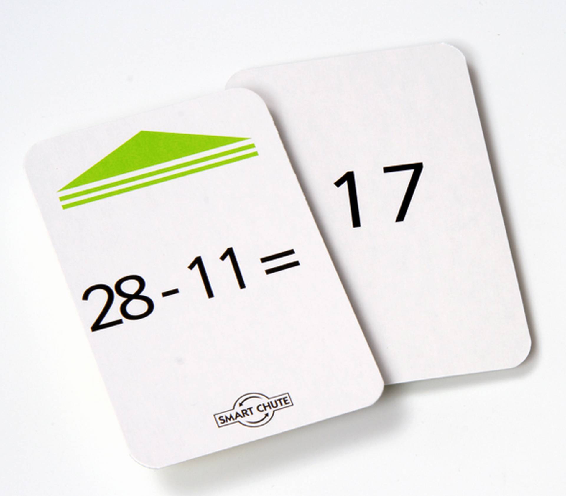 Kaartjes met aftreksom 28-11=17, ontworpen voor de Magische Hoed, voor het oefenen van tientallen.