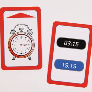 Kaartjes voor klokkijken met een analoge klok en digitale tijdsaanduidingen, in een rode rand.