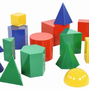 17-delige set met kleurrijke geometrische vormen: cilinders, piramides, kegels, prismas, kubus, bol en halve bol.