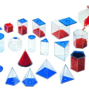 Geometrische vormen in verschillende maten, gevuld met rode en blauwe kralen, met deksels en vulopeningen.