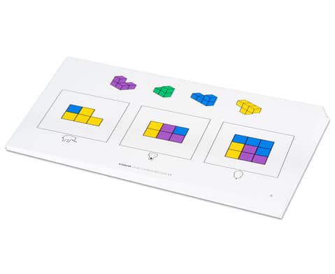 Oefenkaarten soma kubus, set van 10, 21 x 13 cm, met kleurrijke 3D-vormen en instructies voor ruimtelijk inzicht.