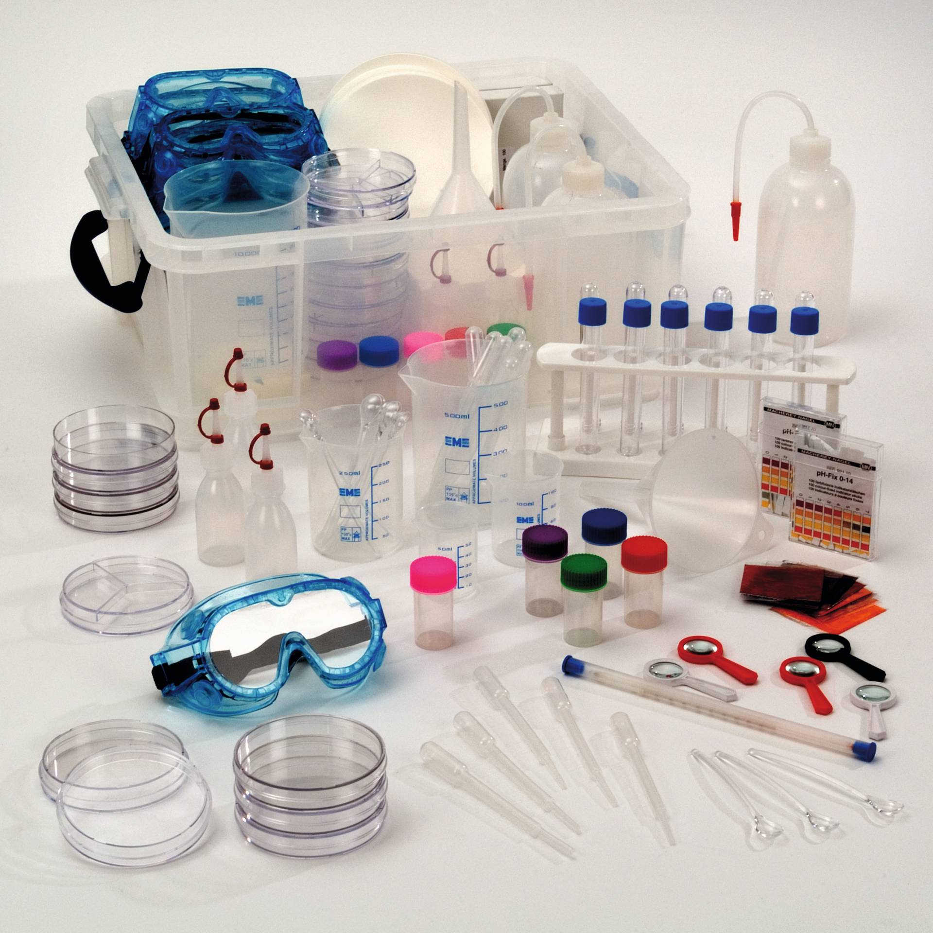Grote experimenteerdoos met laboratoriummaterialen: bekers, pipetten, proefbuizen, veiligheidsbril en meer voor spannende ...