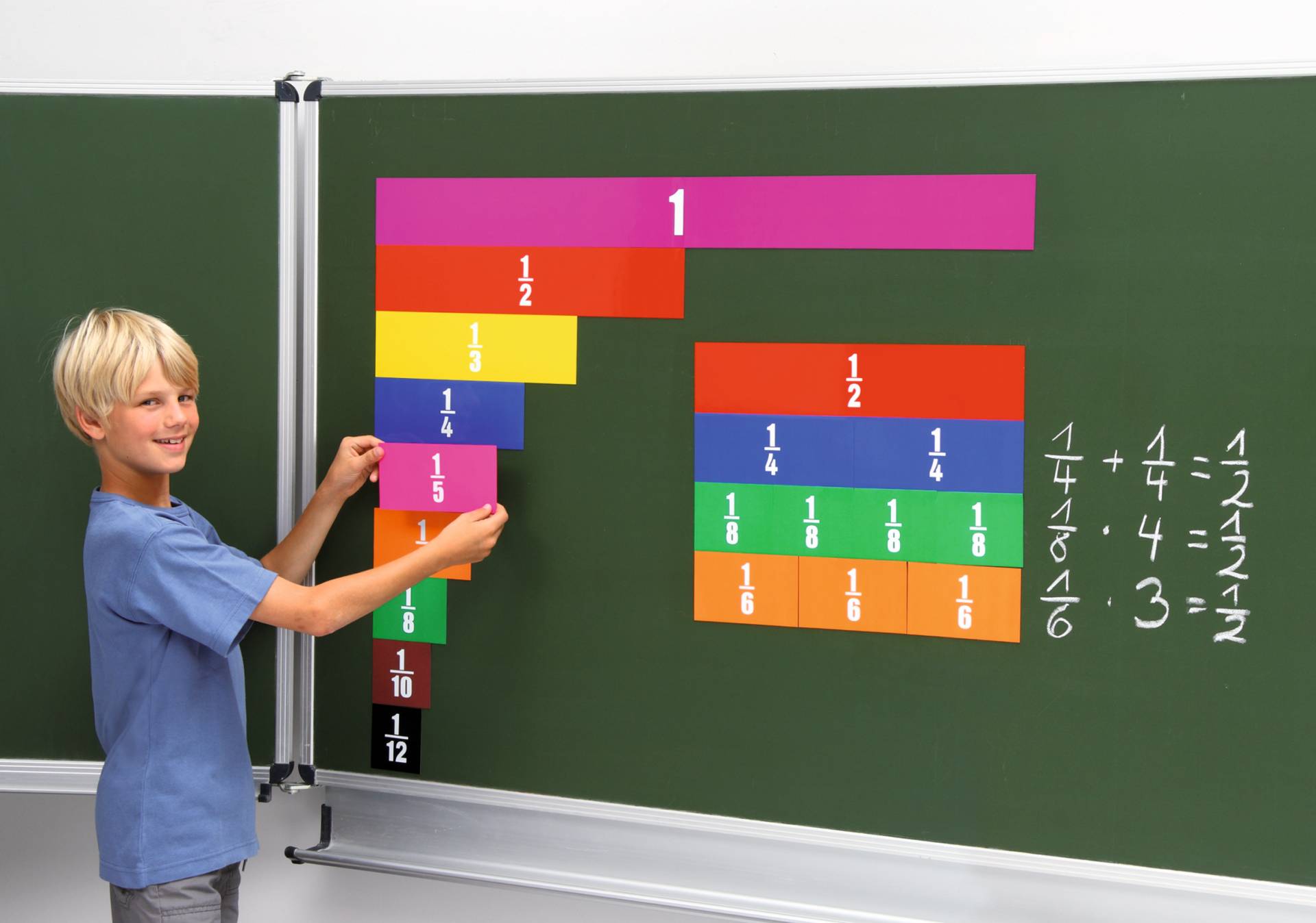 Lineaire breuken set met kleurrijke breuken op een schoolbord, gebruikt door een jongen voor visueel leren.