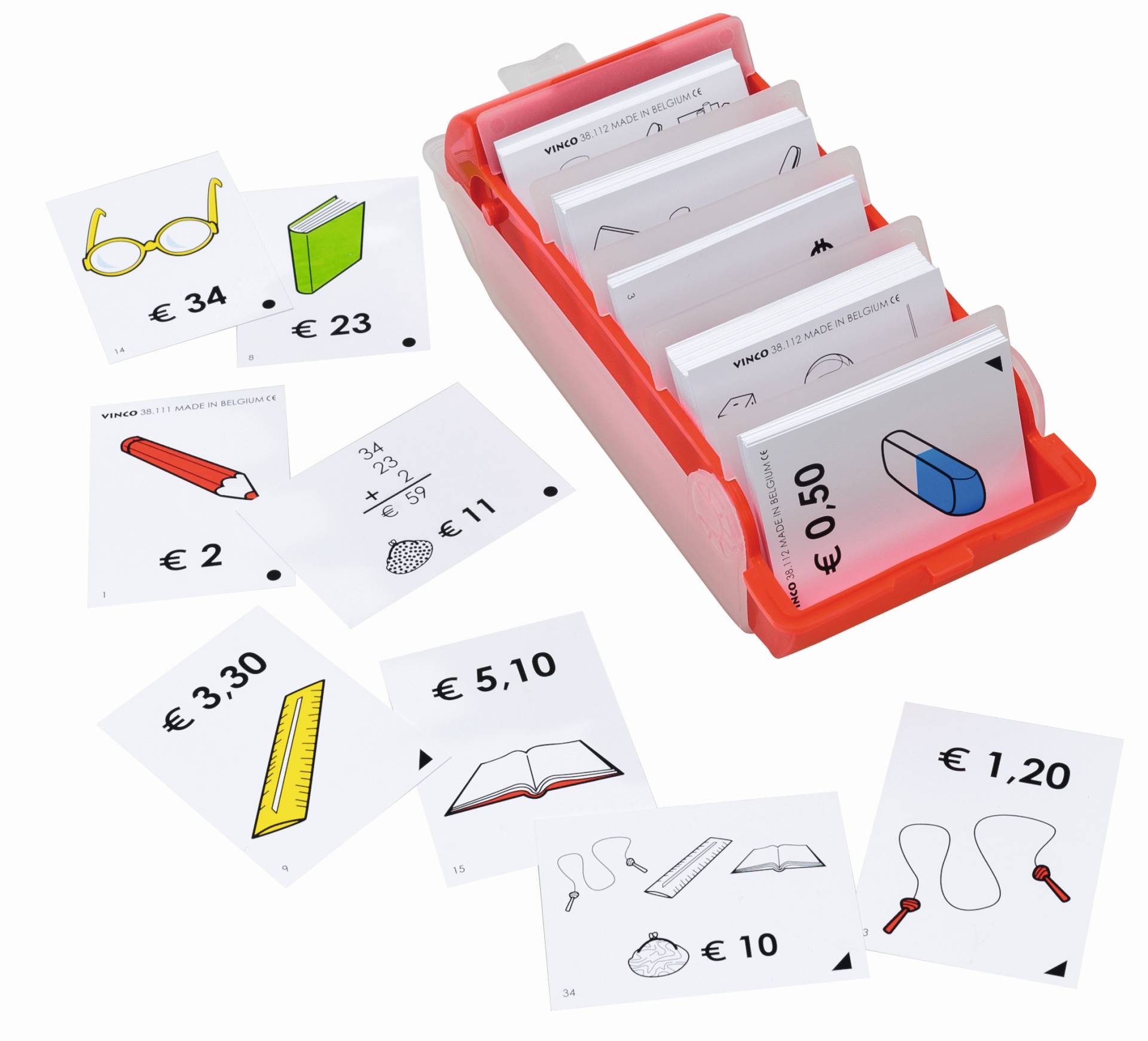 Speelset Inkopen Box 2 met kaarten voor prijzen en boodschappenlijstje, ideaal voor leren rekenen en budgetteren.