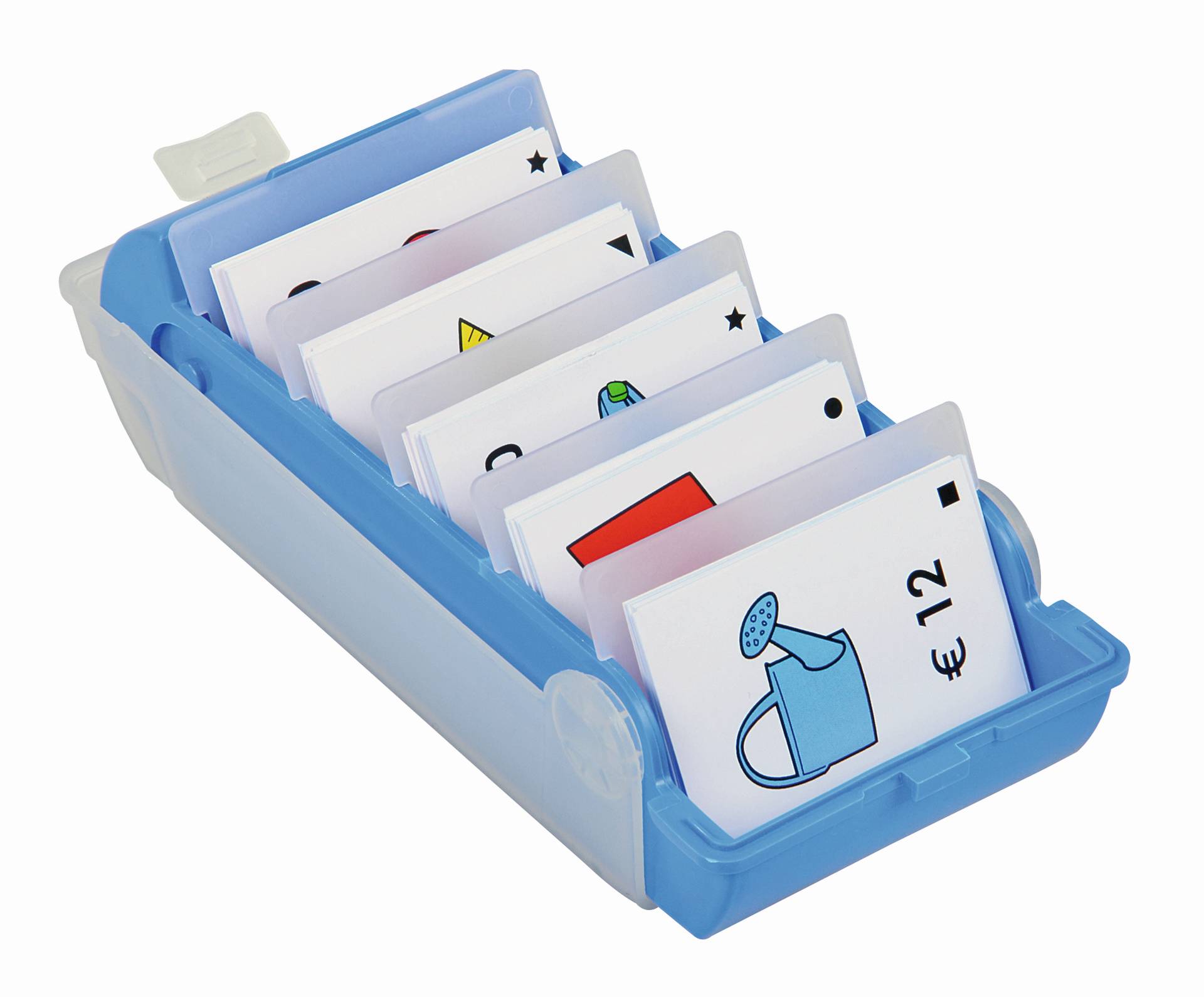Blauw doosje met 18 kaarten en 36 boodschappenlijstjes voor leren afrekenen met ronde bedragen.