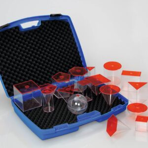 Vullichamen Set met 17 transparante geometrische vormen in blauwe opbergdoos, ideaal voor leren over inhoudsberekening.