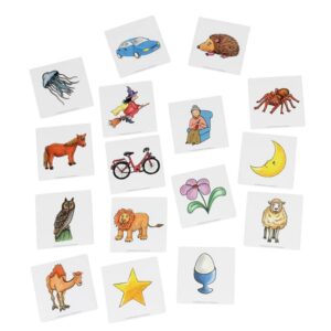 Kaartjes voor magnetische doos met afbeeldingen van dieren, voertuigen en objecten voor voorbereidende leesactiviteiten.