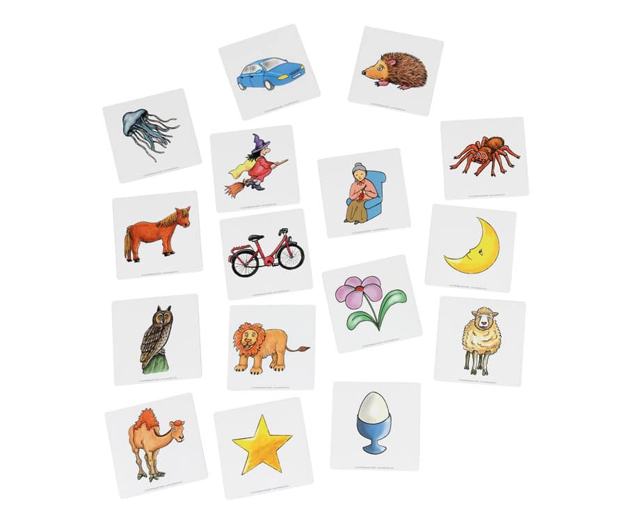 Kaartjes voor magnetische doos met afbeeldingen van dieren, voertuigen en objecten voor voorbereidende leesactiviteiten.