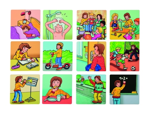 26 magnetische plaatjes met herkenbare situaties voor dagplanning, zoals douchen, huiswerk maken en eten.