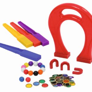 Magneet experimenteerset met staven, schijven, kogels en accessoires voor het ontdekken van magnetische eigenschappen.