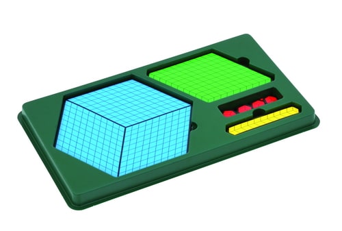 Magnetische 3D-basisset met tray, bevat eenheden, tientallen, honderdtallen en duizendtallen voor decimaal talstelsel.