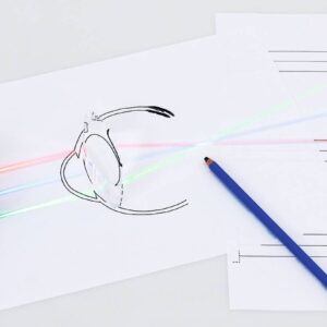 Experimenteerset oogafwijking met laserprojector, tekeningen van het oog en een potlood voor praktische demonstraties.