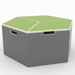 Modulaire hexagonale opbergbox in grijs met groene deksel, ideaal voor speelgoed en lesmateriaal.