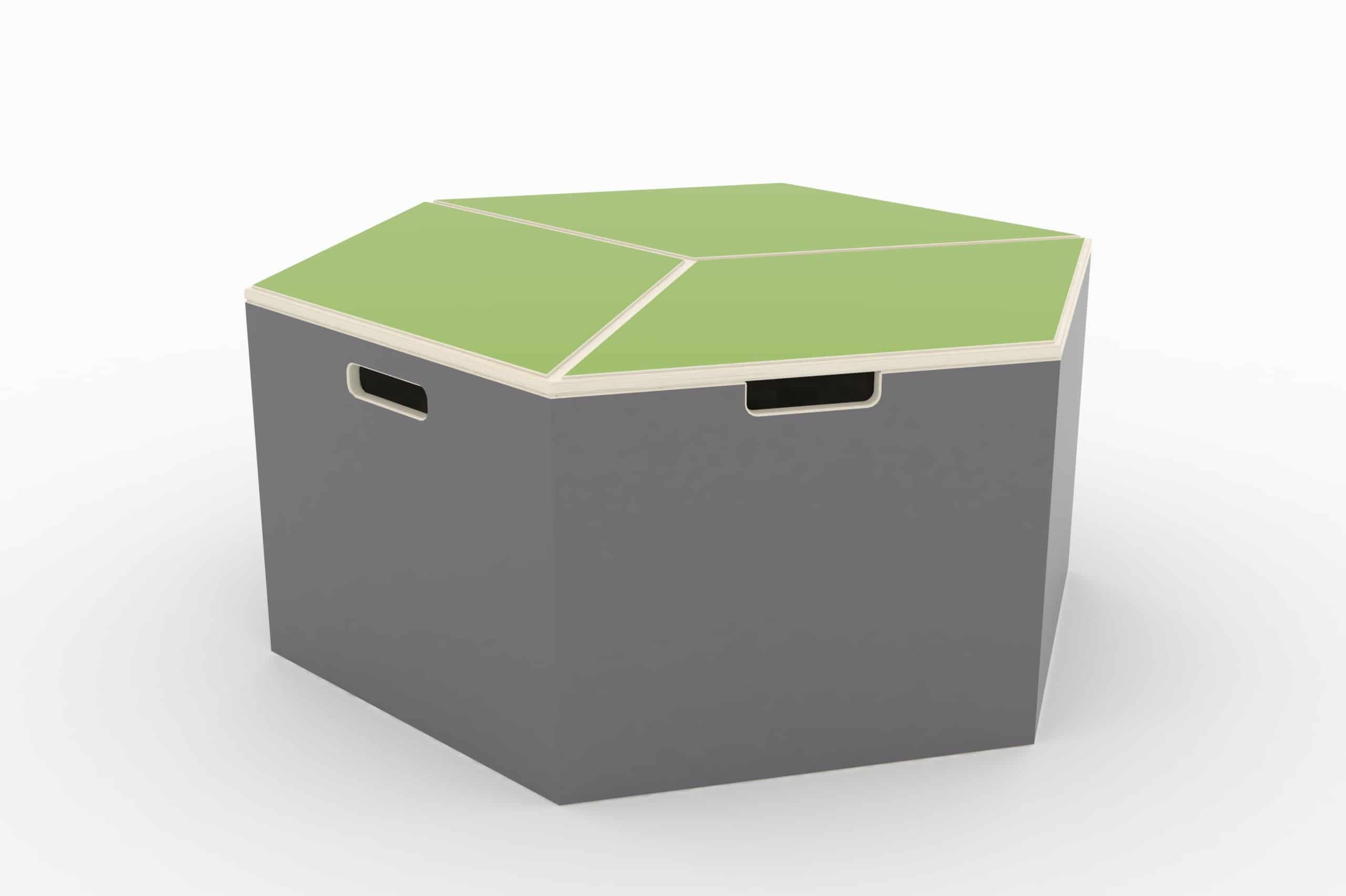 Modulaire hexagonale opbergbox in grijs met groene deksel, ideaal voor speelgoed en lesmateriaal.