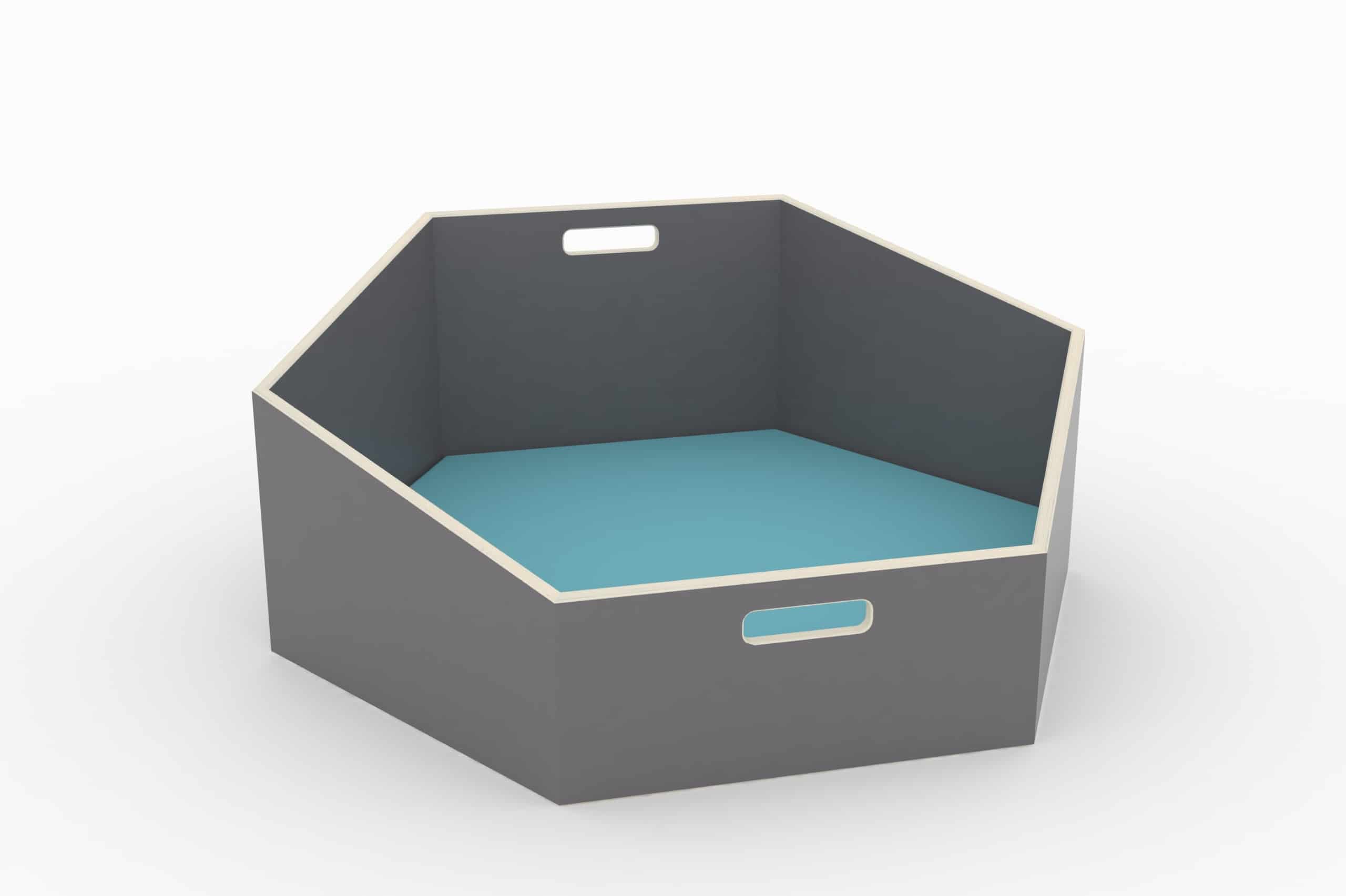 Hexa Cozy: zeshoekige, zachte rustplek in grijs met een turquoise binnenkant, ideaal voor kinderen om te ontspannen.
