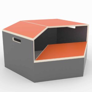 Hexa Step in zeshoekige vorm, met oranje bovenkant en grijze zijkanten, ideaal voor balans- en coördinatieoefeningen.