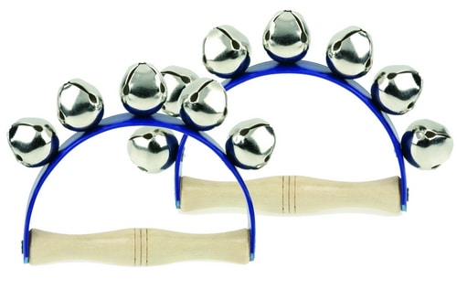 Handklok met houten handvat en 7 metalen belletjes, ideaal voor muziekles en creatieve expressie.
