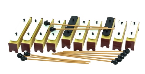 Set klankblokken in verschillende kleuren met stokken, ideaal voor muziekonderwijs en creatieve activiteiten.