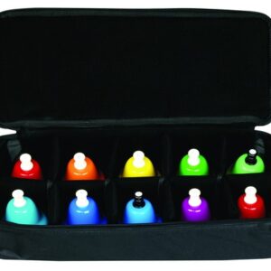 Handklokken in verschillende kleuren, 10 stuks, netjes opgeborgen in een zwarte opbergtas.