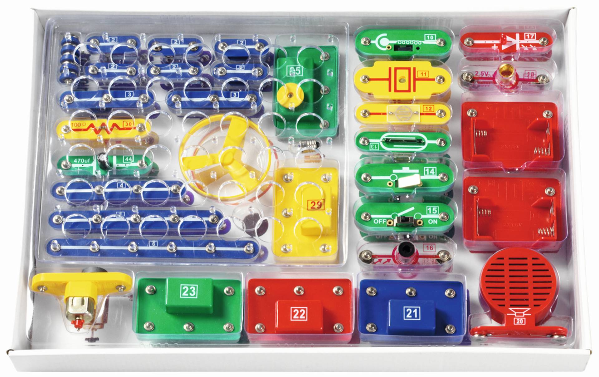 Kleurige elektro bouwdoos met onderdelen voor elektrische schakelingen, inclusief lampjes en schakelaars.