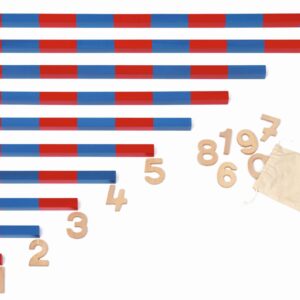 Grote numerieke stangen in blauw-rood, met houten nummers 1-10, tonen lengte en hoeveelheid voor kinderen.