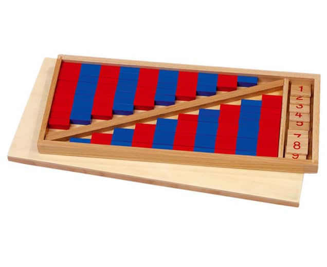 Numerieke rekenstaafjes in houten opbergdoos, met 20 staafjes in rood en blauw voor rekenen tot 10.