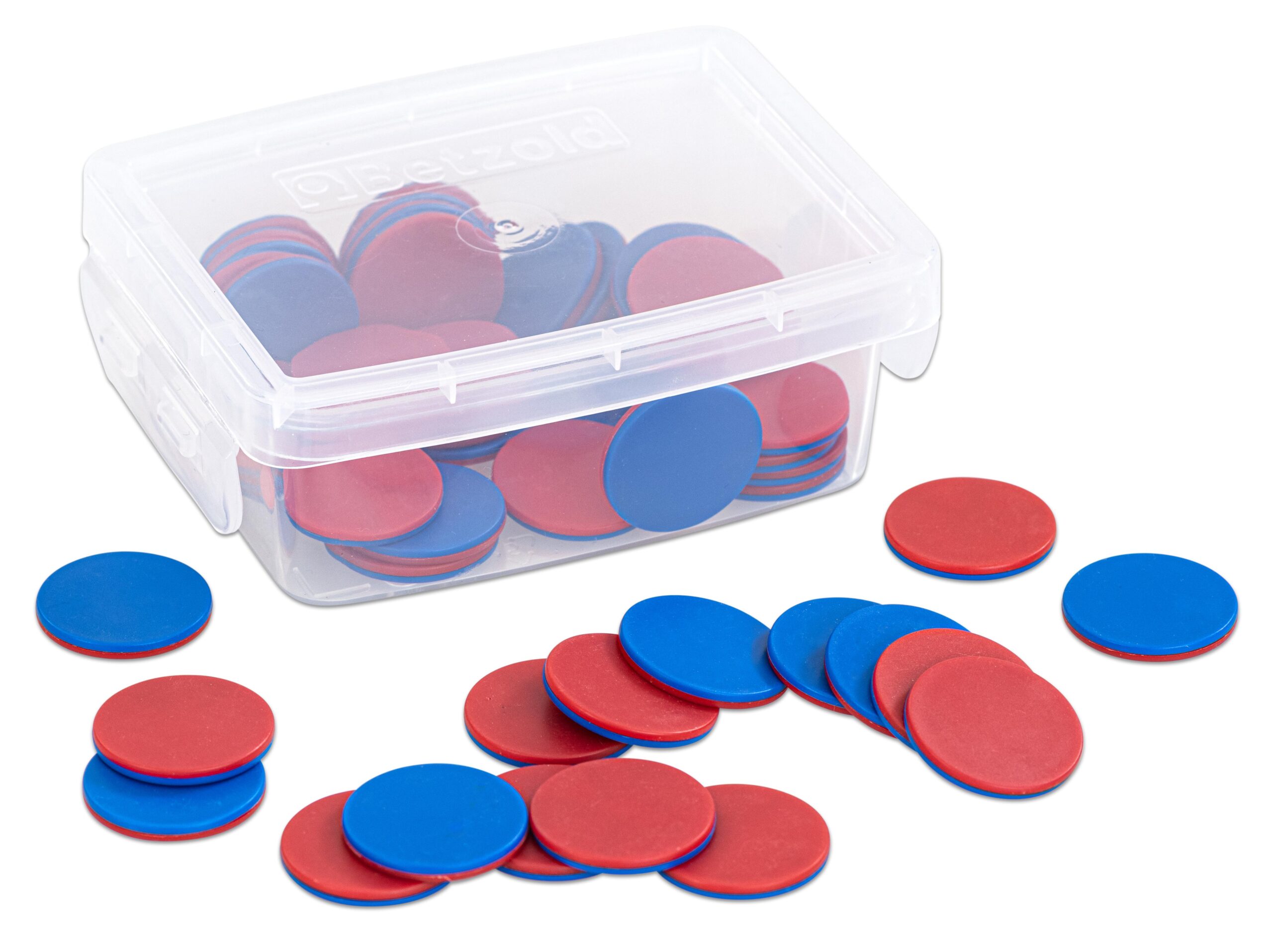 Complete set omkeerbare tegels in een doorzichtige doos, met blauwe en rode ronde tegels voor rekenactiviteiten.