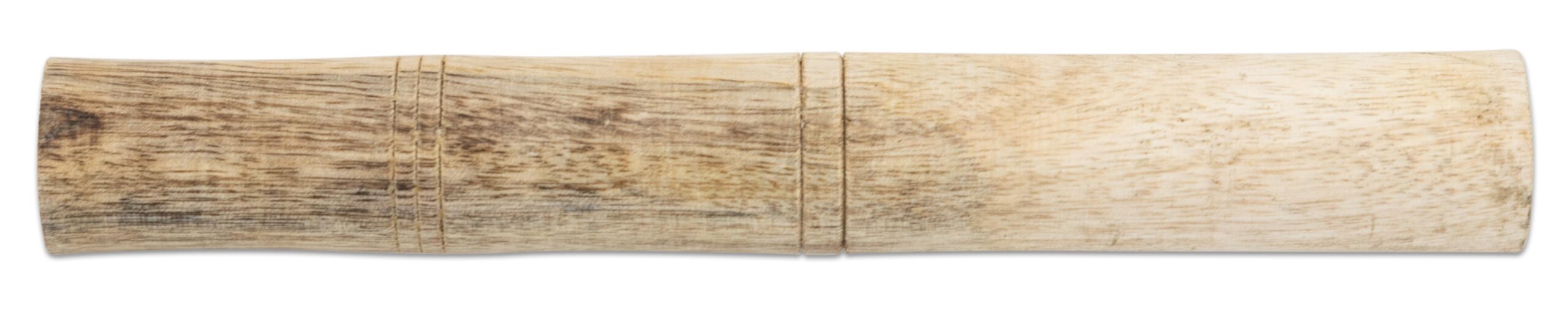 Klepel voor klankschaal van hout, met een natuurlijke afwerking en een gladde, cilindrische vorm.