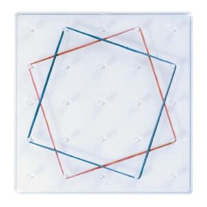 Geobord F met rubberen ringen in blauw en rood, gebruikt voor het omcirkelen van vormen en leren over geometrie.
