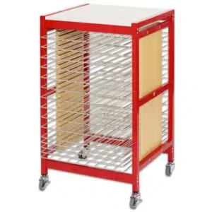 Droogrek A3 Rood XL met wielen en laderoosters voor A2-, A3- en A4-papieren, ideaal voor scholen en kinderopvang.