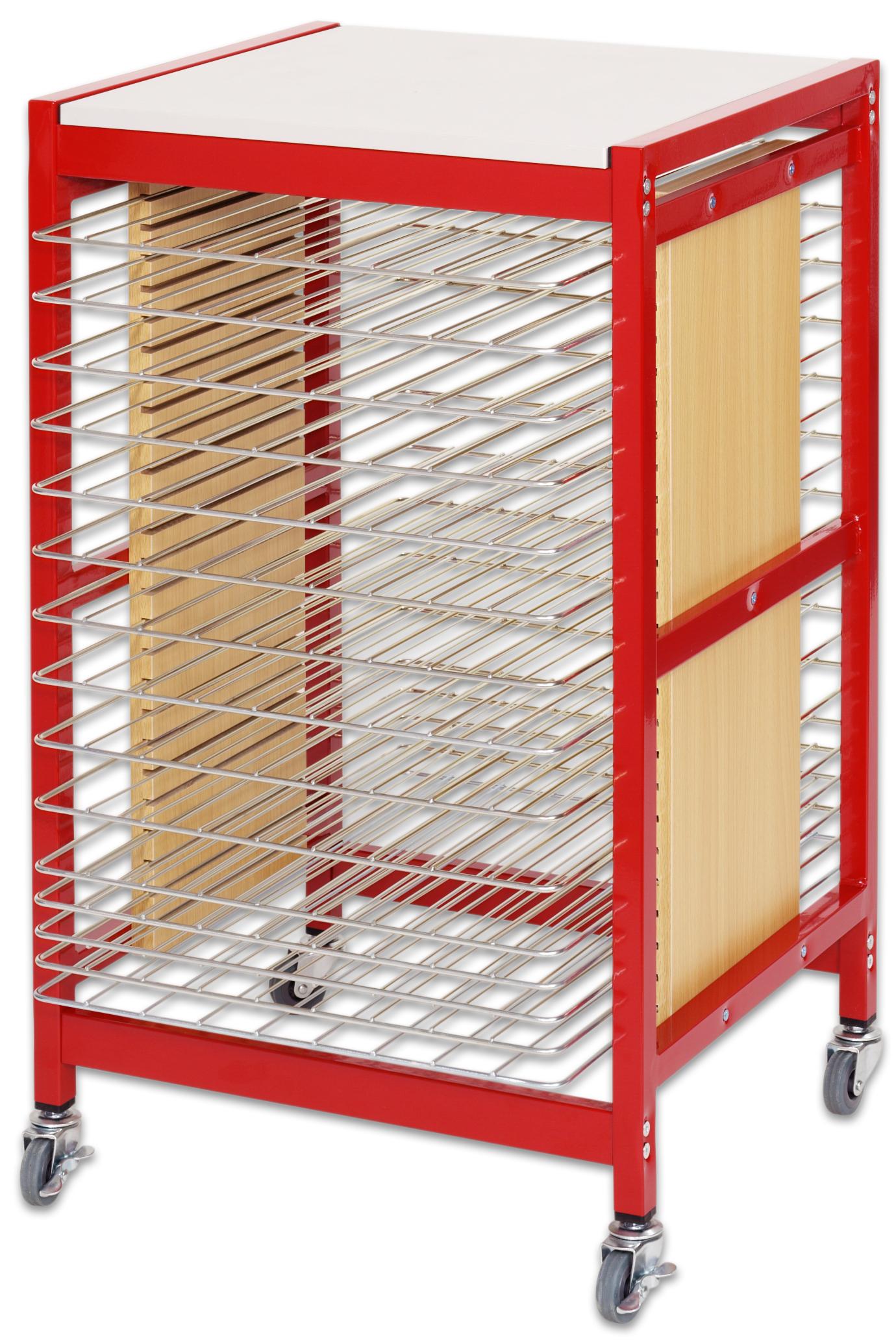 Droogrek A2 met 15 planken, rood metalen frame, houten zijpanelen, op wieltjes voor gemakkelijke verplaatsing.
