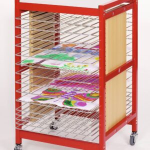 Ruimtebesparend drogrek in rood, met laderoosters voor A3- en A4-papier, op wielen voor gemakkelijke verplaatsing.