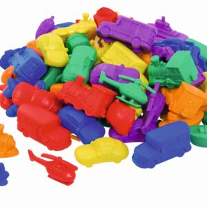 Kleurrijke set van 78 plastic voertuigen in verschillende vormen voor rekenactiviteiten en thematisch onderwijs.