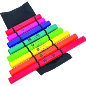 Tas voor 8 Boomwhackers met rubberen lussen, ideaal voor eenvoudig transport en inclusief draagbeugel.