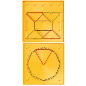 Dubbelzijdig geobord 17,5 x 17,5 cm met vierkant 5 x 5 pinnetjes en cirkelvorm aan de andere zijde.