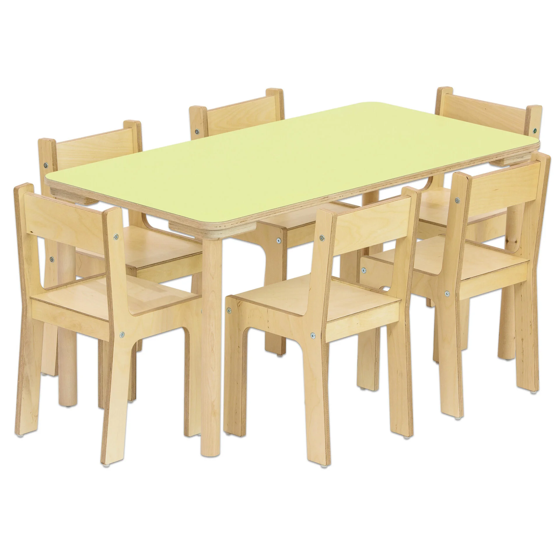 BACCUS Kleutermeubel Set 7-dlg met rechthoekige tafel en zes houten stoelen, ideaal voor kinderen om te leren en spelen.