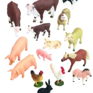 Boerderijdieren set met 15 plastic dieren, waaronder koeien, schapen, varkens, een paard, een kip en een konijn.