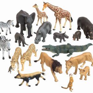 Afrikaanse savanne dieren set met 18 figuren: leeuwen, giraffen, olifanten, zebras, nijlpaarden en krokodillen.
