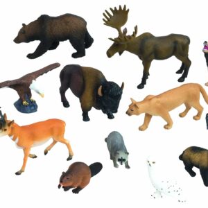 Noord-Amerikaanse dieren set met 12 plastic figuren, waaronder een beer, eland, wolf, en andere typische dieren.