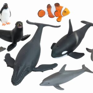 Oceaan dieren set met 8 figuren: zeehond, orka, haai, dolfijn, clownvis, pinguïn en walvis. Leermiddelen voor de onderwat...