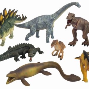 Set van 8 verschillende dinosaurusfiguren van stevig kunststof, ideaal voor spel en educatie over de oertijd.